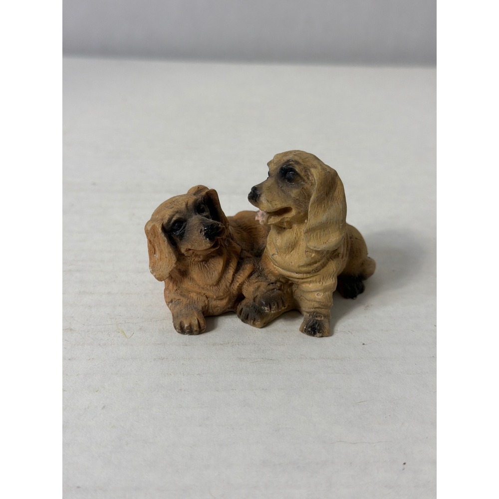 Miniature Resin Dachshund Dog Figurine Two Puppies Long Haired Doxie Collectible - Picture 1 of 9